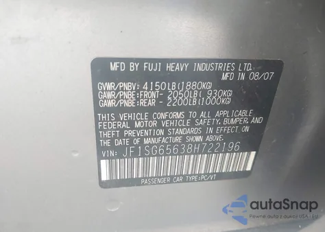 2008 Subaru Forester 2.5X from USA, damaged, VIN JF1SG65638H722196